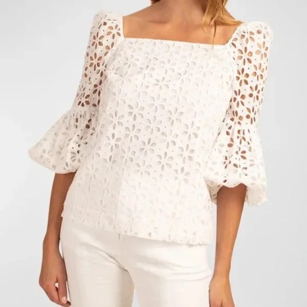 Trina Turk Prelude Bell-Sleeve Floral Eyelet Blouse Small